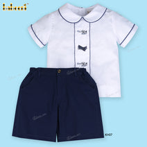 Planes Embroidery Outfit White Top Navy Blue Bottom For Boy - BC1143