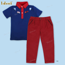 Navy Blue French Knot Cars And Red Bottom Outfit For Boy - BC1132