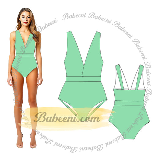 1-pieces Low cut green swimsuit For Lady Spring-Summer pattern - DR4210