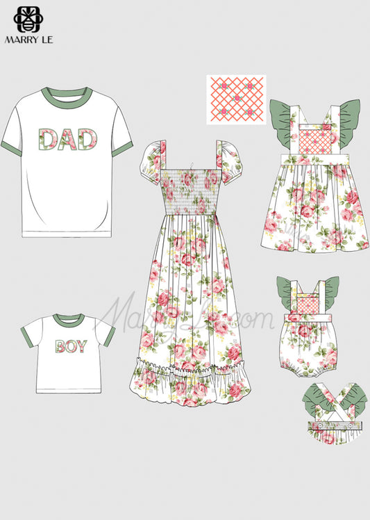 FAMILY MATCHING FLORAL SHIRRED MIDI DRESS AND APPLIQUE TSHIRTS SET - MD454