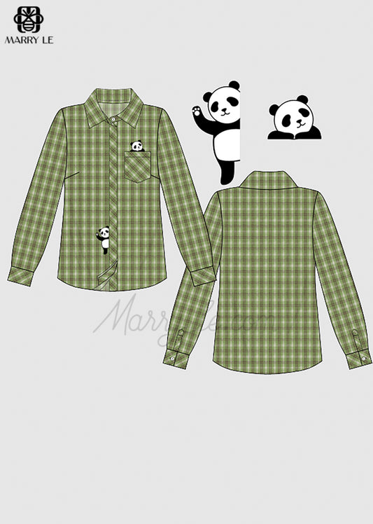 BASIC GREEN WOMEN SHIRT CUTE PANDA HAND EMBROIDERY - MD237