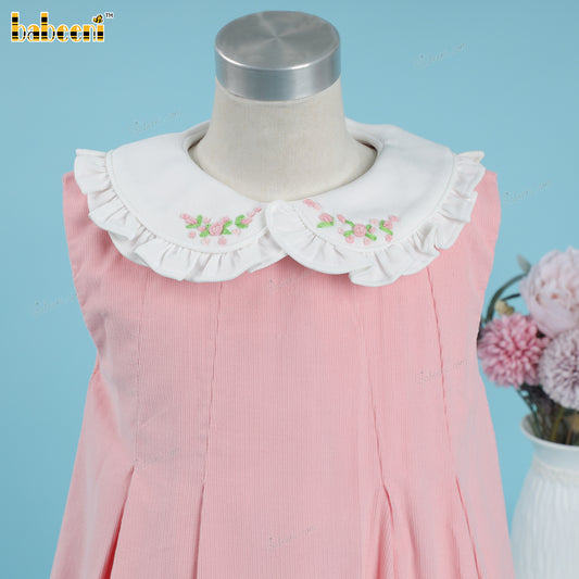 Girl Dress In Pink Corduroy With Hand Embroidere Flowers - DR3908