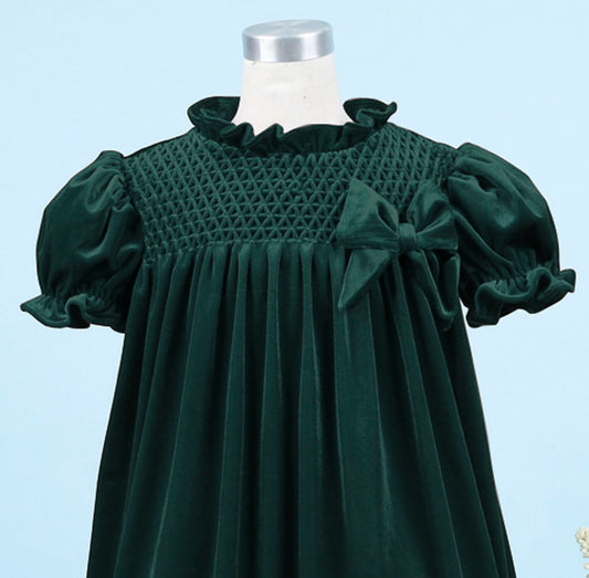 Honeycomb Smocked Dress Dark Green Velvet And Bow For Girl - DR3694