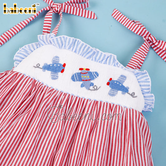 Lovely red striped girl dress with smocked airplane – DR 3345