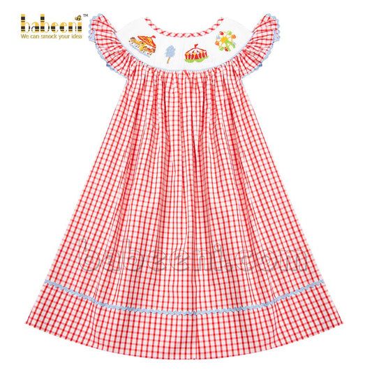 Smocked amusement park red windowpane baby dress - DR 3045