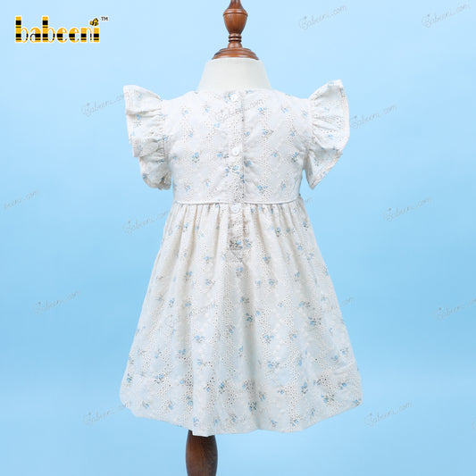 Plain Dress In White With Light Blue Floral For Girl - DR3551