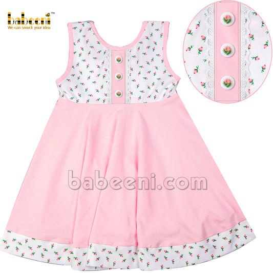 Nice little girl crochet embroidered buttons pink dress -DR 3215