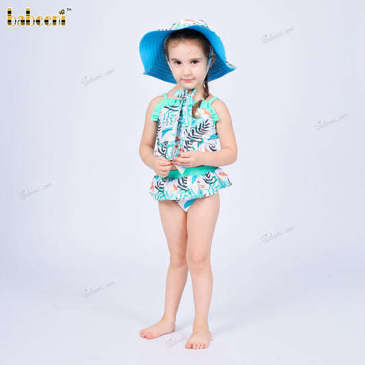 2-pieces Swimwear For Girl Spring-Summer with light green tropical leaf pattern - DR4201