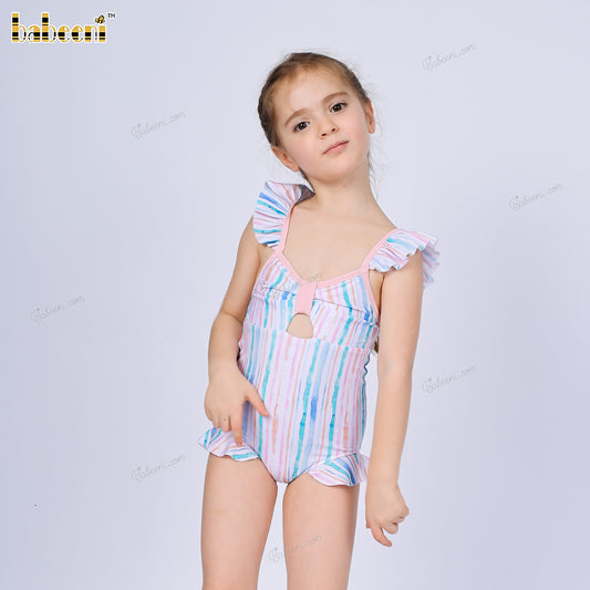 1-pieces Curtain string swimsuit For Girl colorful lines Spring-Summer pattern and curtain on the hip - DR4217