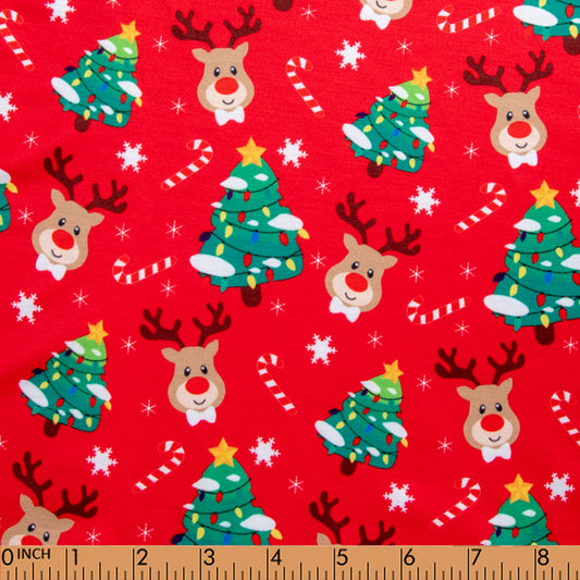 K119- Christmas tree and deer in Red printed 4.0 Knit fabric