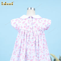 Geometric Smocked Dress With Pink Hand Embroidery Flowers For Girl  - DR3688