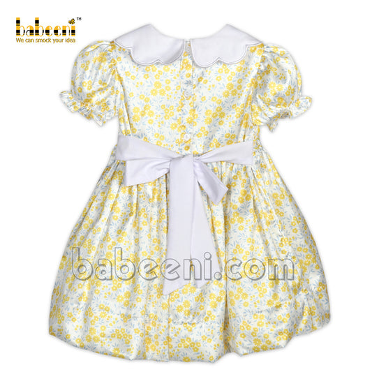 Lovely yellow floral little girls satin smocked dress - DR 3224