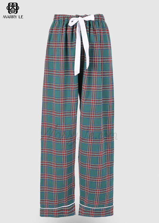 GREEN FLANNEL WAIST TIED LONG PANTS- MD424