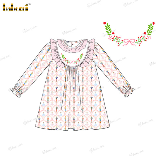 Girl Dress In Pink Christmas Theme Hand Embroidered - DR4044