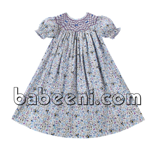 Pretty geometric smocked floral bishop dress - DR 2533