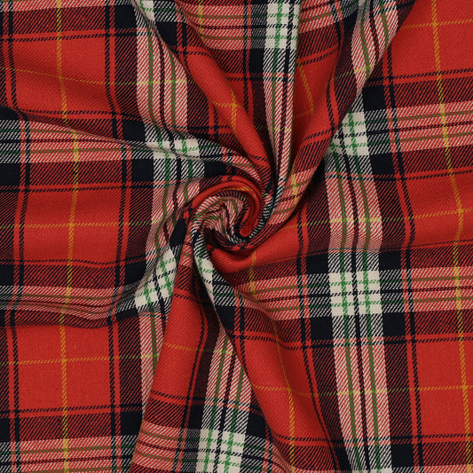 T07- Living coral, White, Yellow Tartan Fabric