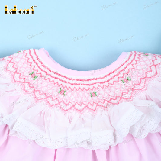 Pink Smocked Bishop Dress Hand Embroidery For Girl - DR3884