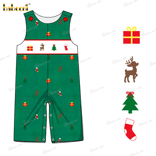 Boy Hand Smocked Shortall In Green Chritsmas Theme - BC1298