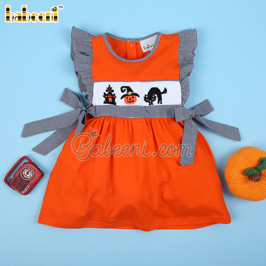 Halloween pattern hand smocked orange dress - DR3753