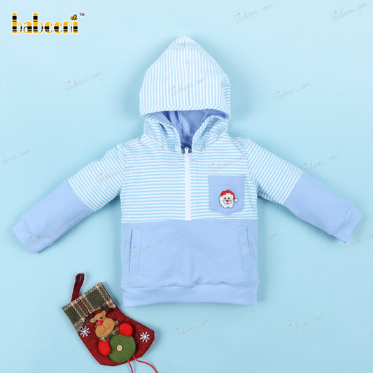 Hoodie In Blue Santa Hand Smocked For Boy - BC1098