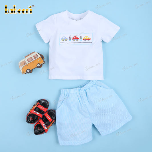 2 Piece Set Car Hand Smocked Blue Bottom For Boy - BC1115