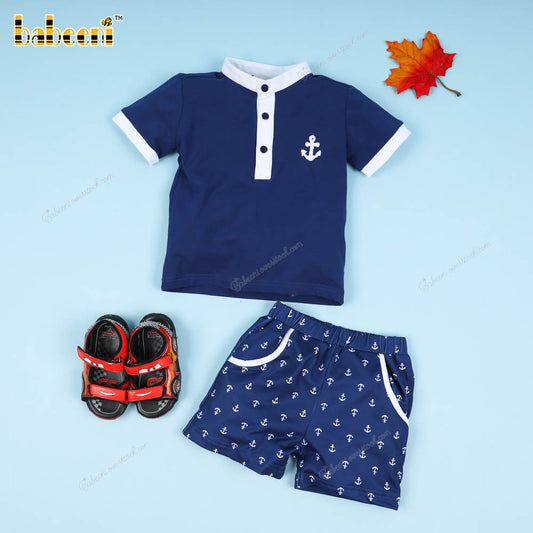 2 Piece Set Navy Blue Anchor Crochet Embroidery For Boy - BC1117