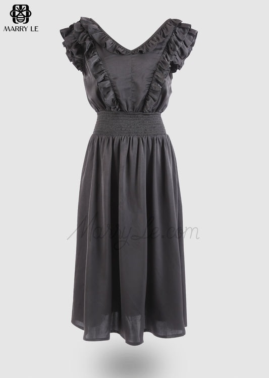 V-NECK RUFFLE BLACK NURSING DRESS - SHIRRED WAISTLINE - MD432