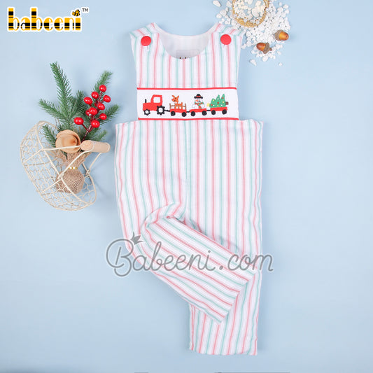 Train carrying Christmas gift smocked boy shortall - BC1151