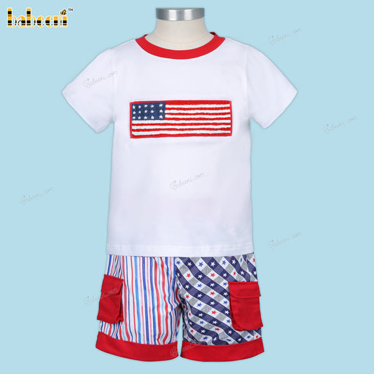 Boy Outfit In White US Flag Embroidered - BC1285