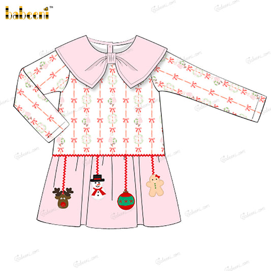 Girl Dress In Pink Christmas Items Embroidered - DR4032