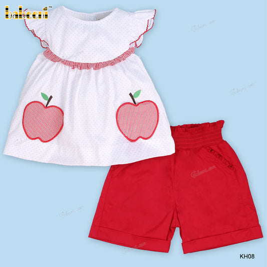 Applique Apples In Red Khaki Short For Girl - DR3678