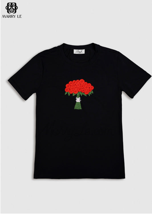 ROSE HAND-EMBROIDERED BLACK T-SHIRT FOR WOMEN - MD116