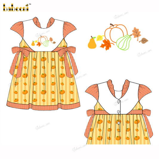 Girl Dress Hand Embroidered Pumpkin And Leaf - DR4016