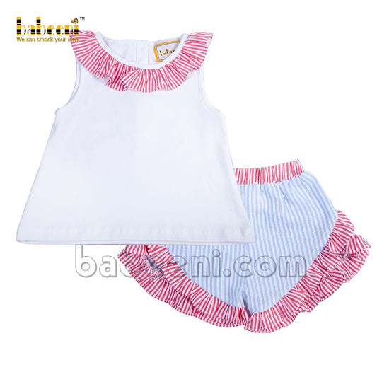 Cute girl short ruffle white top blue stripe seersucker - DR 3103