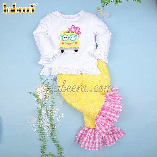 Cute schoolbus applique long set for girl - KN 183