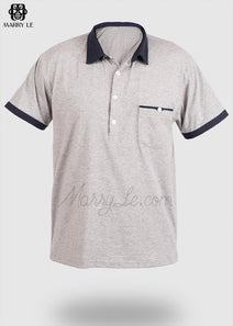 GREY T-SHIRT WITH POCKET AND BYRON COLLAR - MD419