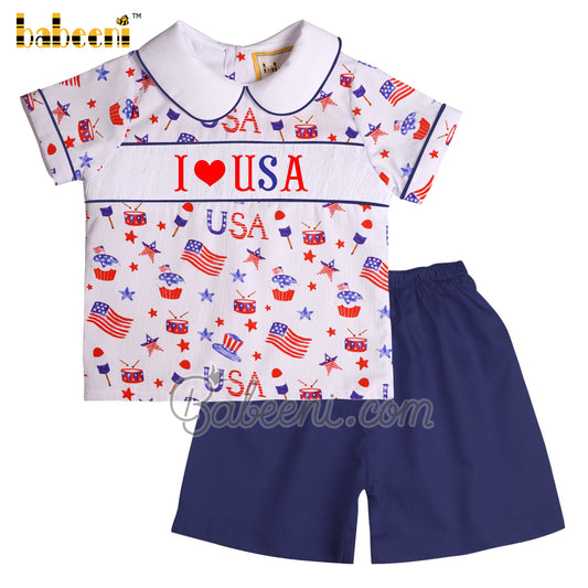 Cute "I love USA" boy smocked short set - BC 868