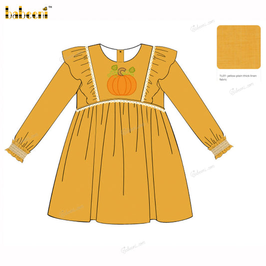 Girl Dress In Orange Pumpkin Embroidered - DR4022