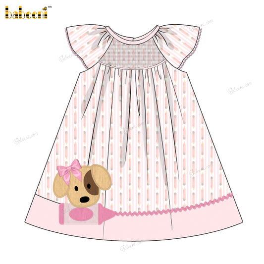 Girl Dress In Pink With Puppy Embroidered - DR3954