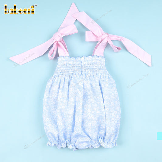 Shirred Blue Floral Pink Bows Bubble For Girl - DR3778