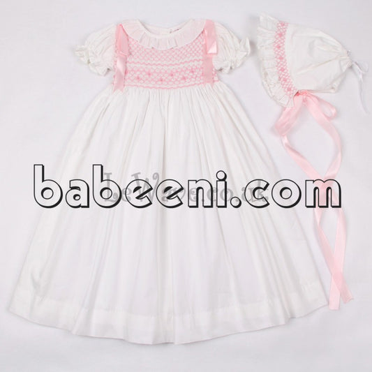 White geometric smocked Christening Gown - CG 04