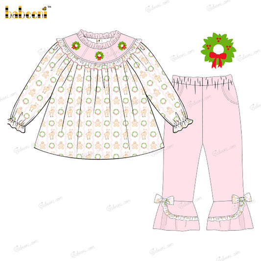 Girl Outfit In Pink Hand Embroidered Christmas Theme - DR4030