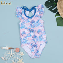 1-pieces Puff sleeve swimsuit For Girl tropical tree Spring-Summer pattern - DR4203