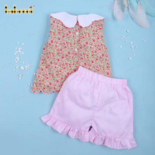 2 Piece Set With Embroider Flower Neck Floral Top For Girl - DR3649