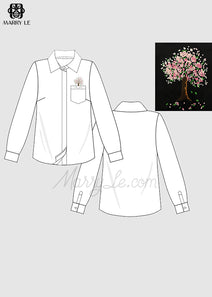 BASIC WHITE WOMEN SHIRT CHERRY BLOSSOM HAND EMBROIDERY - MD239