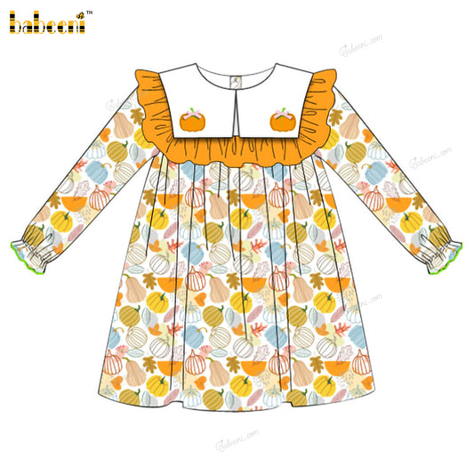 Girl Dress Little Orange Pumpkin Embroidered - DR4026