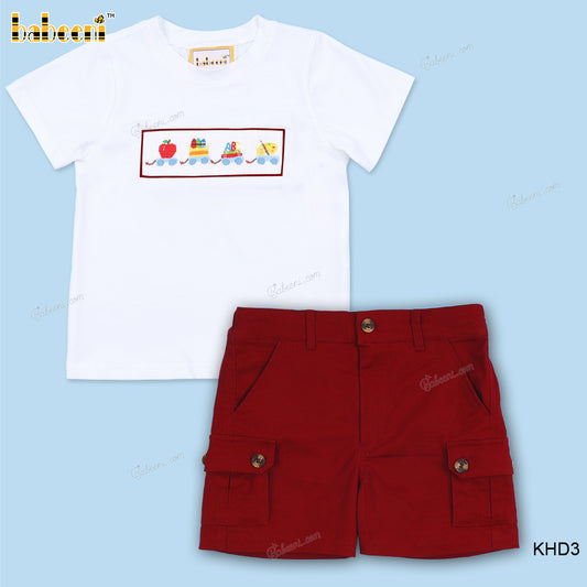 Smocked Back To School White Top Red Bottom For Boy - BC1126