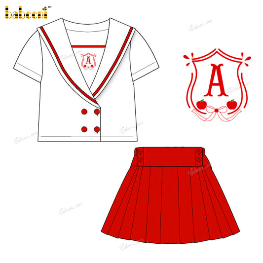 Girl Outfit White And Red With Letter A Embroidered - DR3963