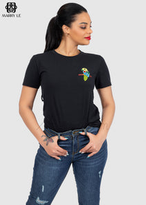 EMBROIDERED PARROT BEADS BLACK T-SHIRT - MD133