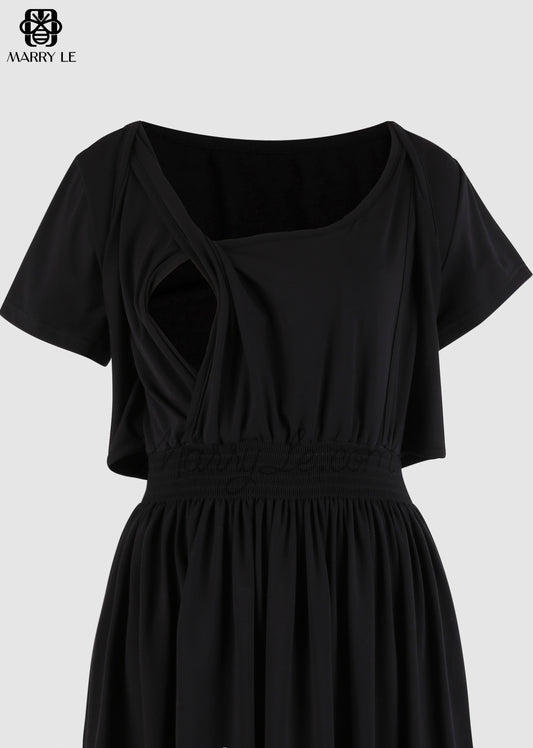 WRAP & SHIRRED NURSING DRESS - SOLID BLACK KNIT - MD439